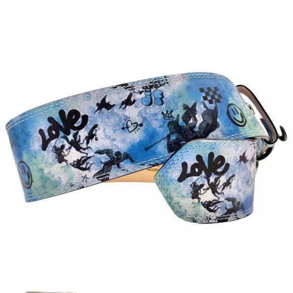 John Fluevog Gawain Wide Waist Belt Blue Graffiti Leather Size 28 (0181) - Picture 4 of 7